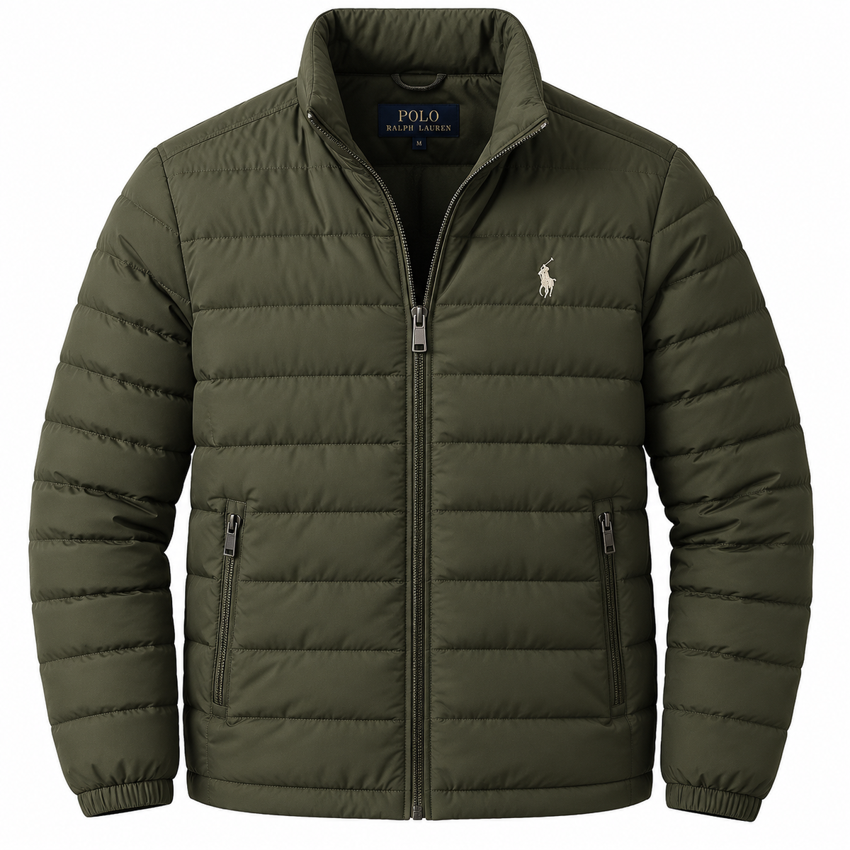 Olive Quilted Puffer Jacket.