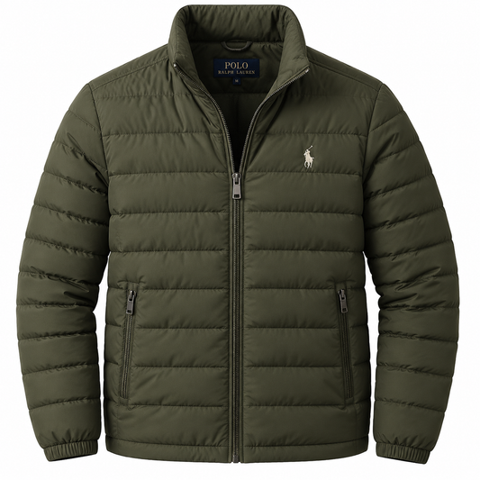 Olive Quilted Puffer Jacket.